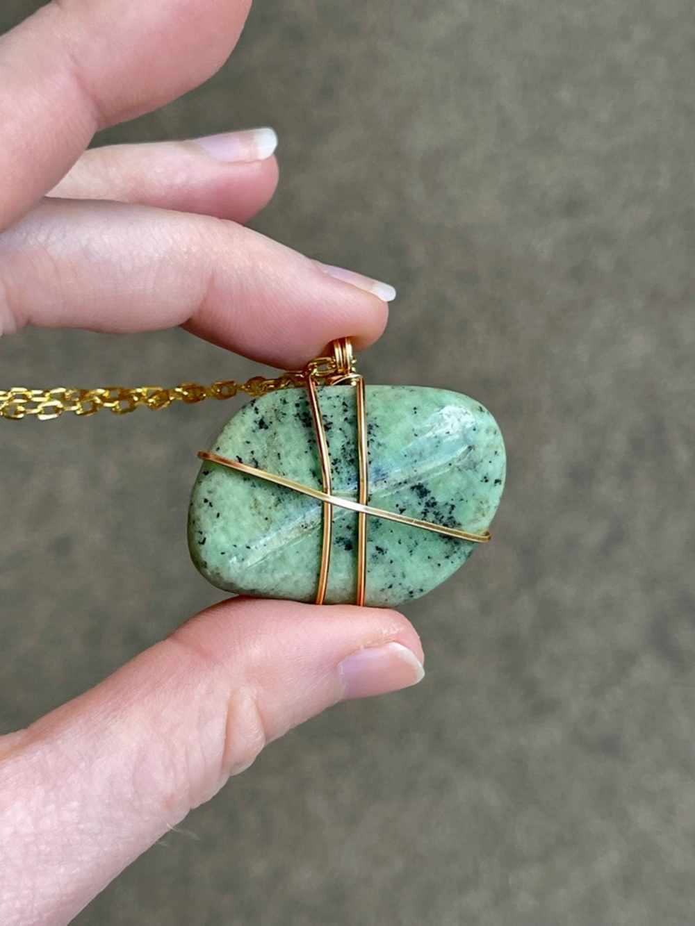 Green Grossular Garnet Gold Tone wire wrapped necklace
